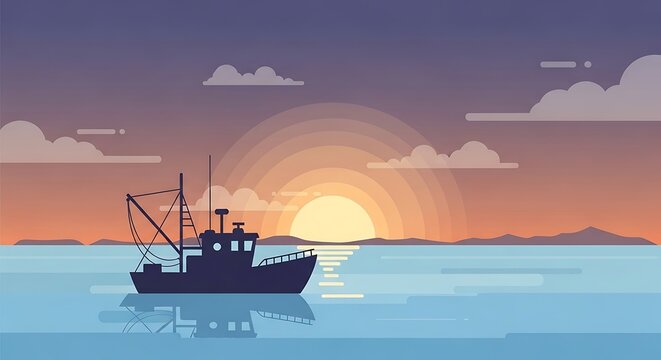 Fishing boat sunset ocean landscape.