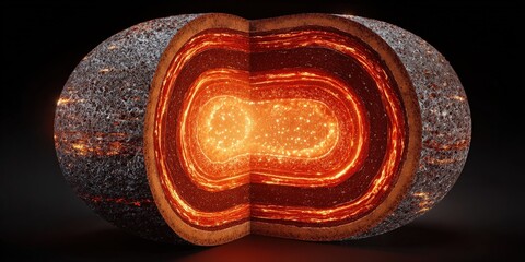 Fiery internal structure of a conceptual planet or cosmic sphere showing molten layers