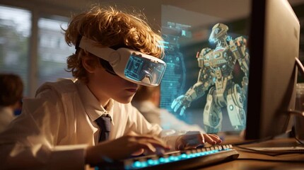 Schoolboy Using VR Headset with Holographic Data Visualization Video - Powered by Adobe