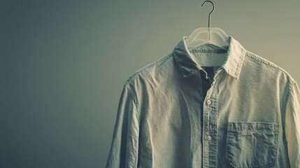 White shirt hangs, studio backdrop, minimalist style, fashion