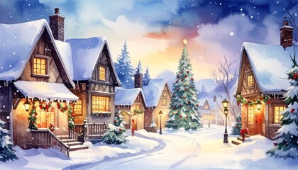 snowy village with old houses, christmas tree in the middle with lights in the windows and lanterns and illuminated houses. watercolor style