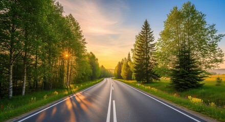 Fototapeta premium Scenic Road Through Forest at Sunset with Beautiful Sky and Sunlight