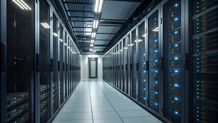 Fototapeta premium Data center server room with rows of rack servers infrastructure