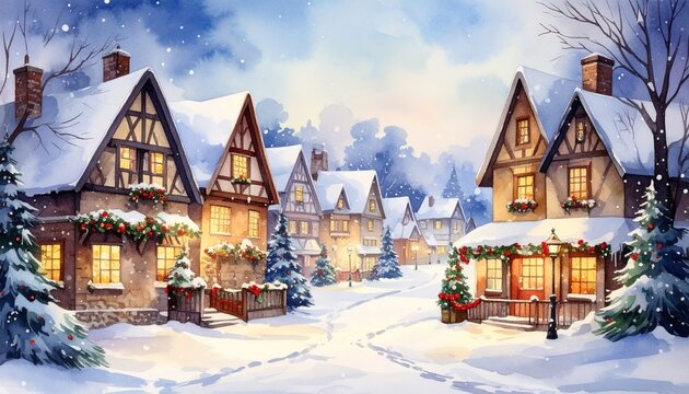 snowy village with old houses, christmas tree in the middle with lights in the windows and lanterns and illuminated houses. watercolor style	