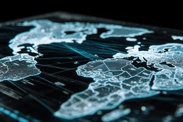 Detailed digital world map with glowing lines representing connections and data flow