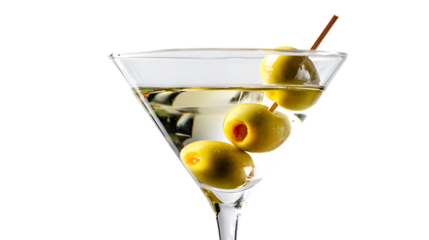 Martini cocktail with green olives isolated on transparent background.