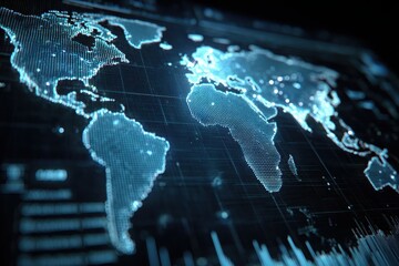 Digital world map visualization displaying global data trends and analytics in a modern interface