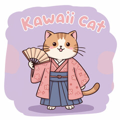 Cute Cartoon Kawaii Cat Wearing Kimono and Holding Hand Fan Illustration