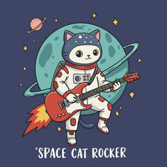 Cartoon Flat Style Detailed Space Cat Rocker Guitar Player Illustration