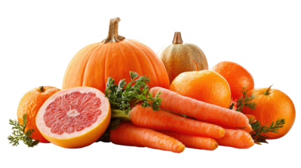Grouping of orange color fruits and vegetables with pumpkin on transparent background