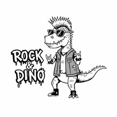 Handdrawn Cartoon Rock and Dino Dinosaur with Punk Style Illustration