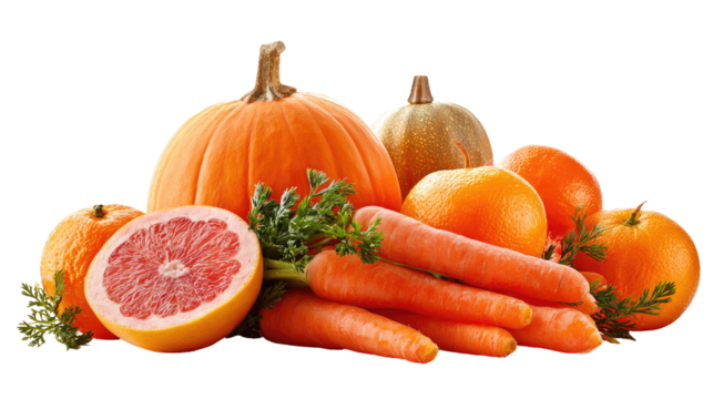 Grouping of orange color fruits and vegetables with pumpkin on transparent background