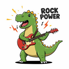 Fototapeta premium Cute Cartoon Style Dinosaur Playing Electric Guitar Rock Power Illustration