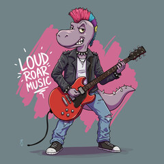 Cartoon Style Dinosaur Rock Star Playing Guitar Music Illustration