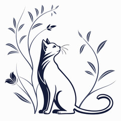 Cat and Botanical Illustration Whimsical Feline in Nature