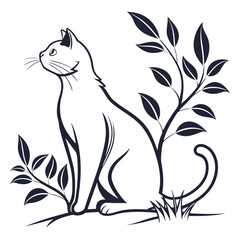 Elegant Cat Sitting Beside a Plant Minimalist Illustration