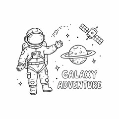 Whimsical Outline Drawing Astronaut on Space Adventure with Celestial Objects