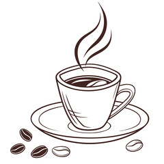 Hand-drawn illustration of a hot steaming coffee cup with scattered roasted beans, perfect for cafes or morning routines