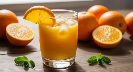 Fototapeta premium Refreshing Orange Juice with Ice, Decorated with Fresh Mint