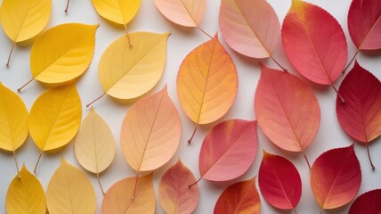 Autumn leaves displayed in a gradient of warm colors from yellow to deep red