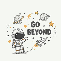 Cute Cartoon Astronaut Exploring Space with Rocket and Planets Illustration