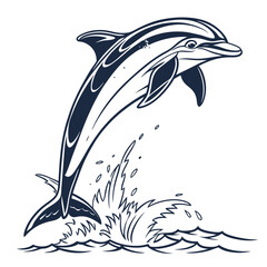 Monochrome vector illustration of a happy dolphin jumping out of the water