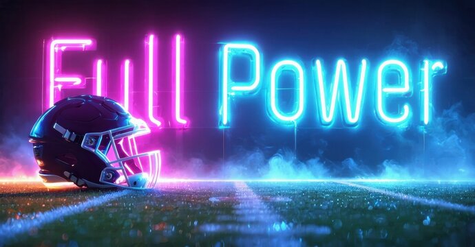 Football helmet glows brightly. Neon lights spell Full Power above green field. Dramatic lighting creates intense atmosphere.
