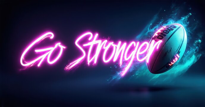 Bright pink neon text reads Go Stronger. Rugby ball flies forward amid blue energy swirls. Dramatic lighting creates dynamic visual impact. - Powered by Adobe