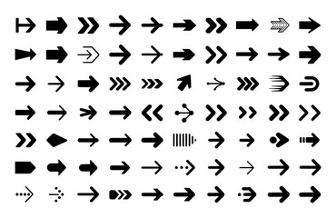 Collection of Diverse Black Arrow Icons on White Background