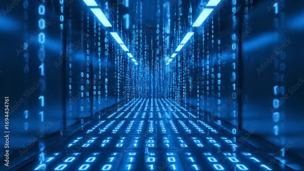 Wall mural abstract digital corridor with binary code and blue data stream