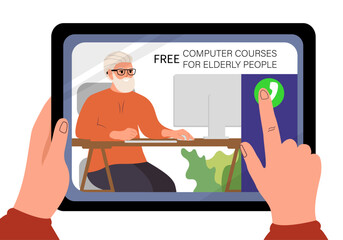 Computer courses for older people in community centers, offering free support and workshops on topics such as basic computer use, internet safety, email, online banking.&nbsp;Vector illustration.