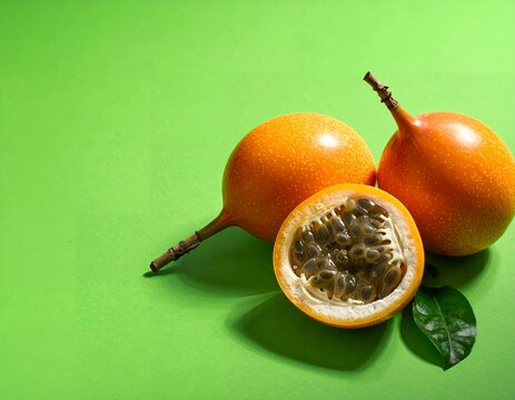 Vibrant grenadilla fruits on refreshing green background, perfect for healthy eating campaigns and tropical flavor promotions
