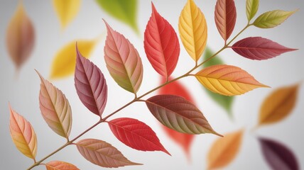 Vibrant autumn leaves displaying a spectrum of warm colors on a delicate branch