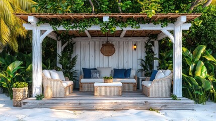 Tropical beachside gazebo with comfortable seating