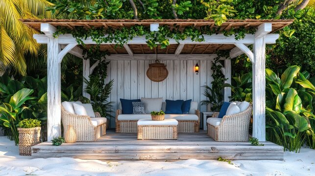 Tropical beachside gazebo with comfortable seating