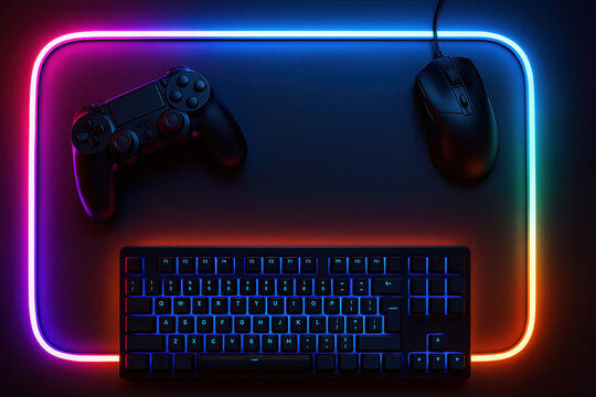 Gaming setup with rgb keyboard, mouse, controller on lit mat - Powered by Adobe