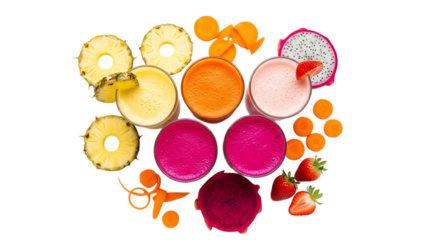 Assortment of colorful fruit smoothies and ingredients isolated on transparent background