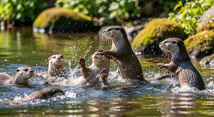 Playful otters in river water.