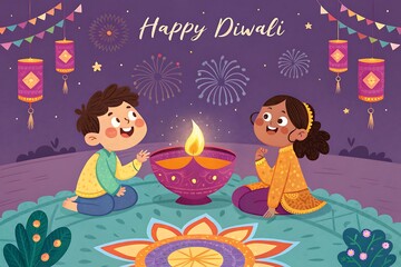 Children Celebrating Diwali with Traditional Diyas and Rangoli in Festive Atmosphere