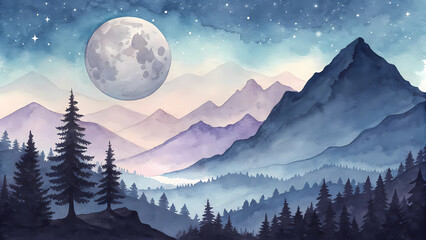 Calm mountain landscape with full moon, hand-painted watercolor, central area free for text
