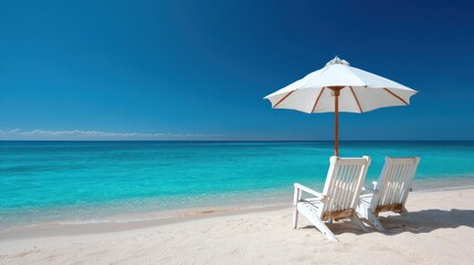 Tropical Beach Chairs Under White Umbrella