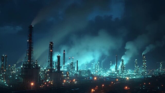 Industrial Nightscape: An expansive view of an industrial complex at night, smoke billowing into the darkened sky, illuminated by an array of lights, creating a striking and thought-provoking scene.