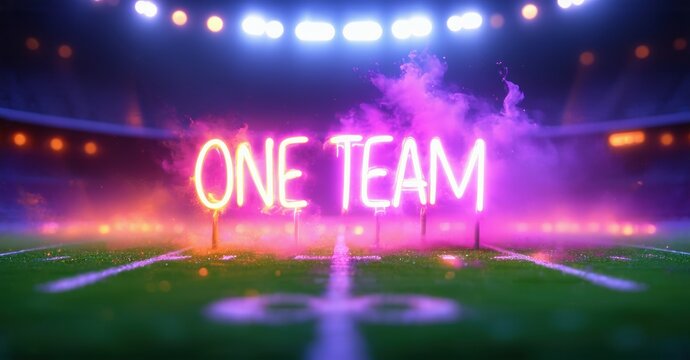 Stadium view, bright lights illuminate football field. One Team glows pink amidst smoke effects. Energetic, vibrant scene.