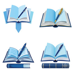 Colorful open books and pens in various arrangements on white background  