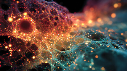 An abstract microscopic view inside a cell with glowing pathways and new traffic patterns of luminous proteins.