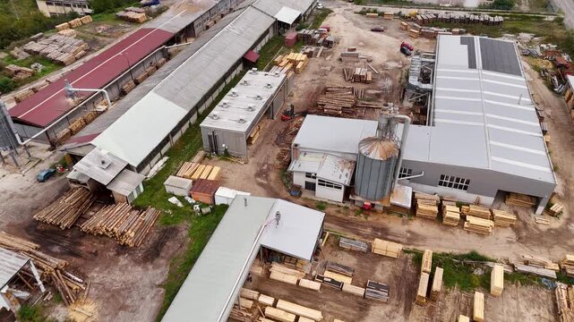 Aerial Drone Footage of Active Lumber Factory in Brod, Bosnia and Herzegovina &mdash; UHD 29.97fps Industrial Operation