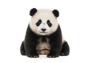 Obraz premium A charming, close-up view of a young panda, sitting patiently against a pure white background, its black and white fur contrasting beautifully.