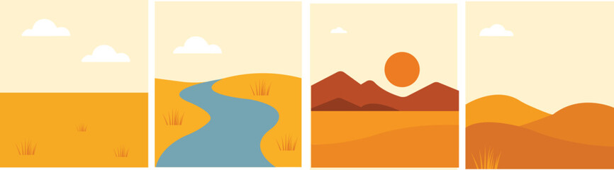 Minimal autumn landscape set with desert hills, flowing river, sunset mountains and flat yellow fields for seasonal nature design