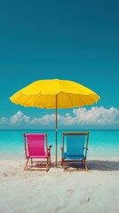 Two Beach Chairs Under Yellow Umbrella on Tropical Beach