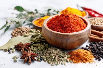 Wooden bowl of red spice amongst various herbs and spices